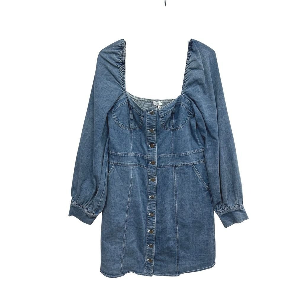 Emory Park Denim Mini Dress Long Sleeve Square Neck Button Down Blue Casual